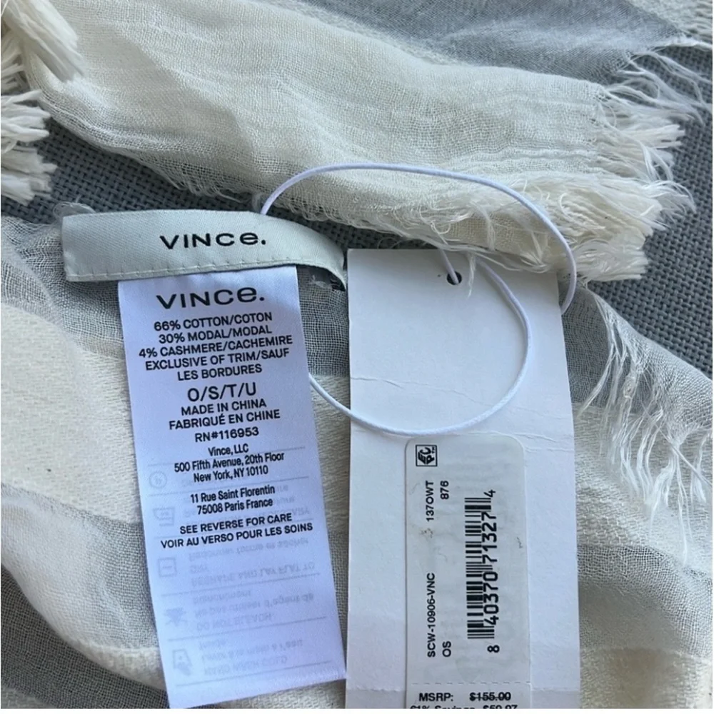 VINCE Large PASHMINA SCARF sheer stripe  cotton modal cashmere LIGHT Ivory